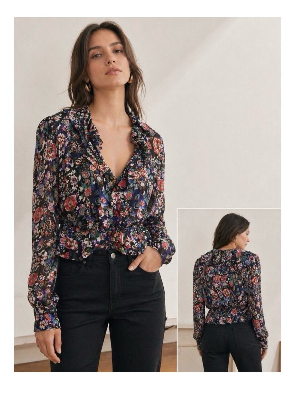 Isabel Marant Cade Floral V-Neck Ruffle Blouse - Black Multi